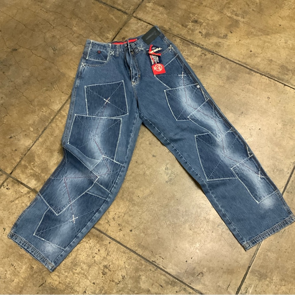 Men's Vokal Mid Blue All Over Patches Denim Pants
